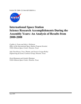 International Space Station Science Research Accomplishments During the Assembly Years: an Analysis of Results from 2000-2008