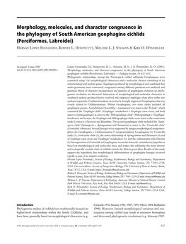 Morphology, Molecules, and Character Congruence in the Phylogeny of South American Geophagine Cichlids (Perciformes, Labroidei)