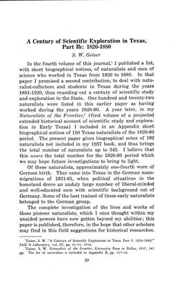 A Century of Scientific Exploration in Texas, Part Ib: 1820-1880