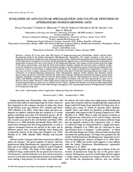 Evolution of Ant-Cultivar Specialization and Cultivar Switching in Apterostigma Fungus-Growing Ants