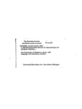 University Microfilms, Inc., Ann Arbor, Michigan the UNIVERSITY of OKLAHOMA GRADUATE COLLEGE