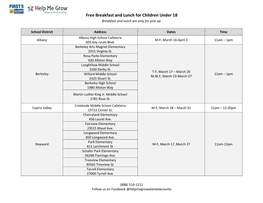 Free Breakfast and Lunch for Children Under 18 Breakfast and Lunch Are Only for Pick Up