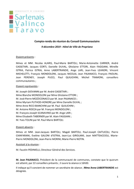 Compte-Rendu De Réunion Du Conseil Communautaire 9 Décembre 2019 - Hôtel De Ville De Propriano