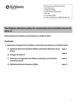 Kirklees Consultation on School Admission Arrangements for 2015/16