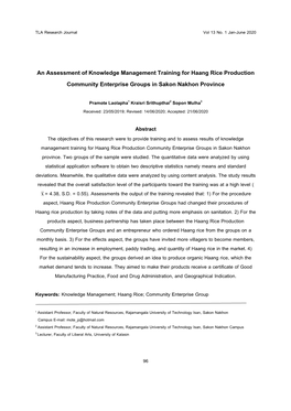 An Assessment of Knowledge Management Training for Haang Rice Production Community Enterprise Groups in Sakon Nakhon Province