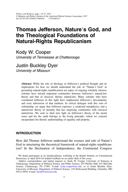 Thomas Jefferson, Nature's God, and the Theological Foundations Of