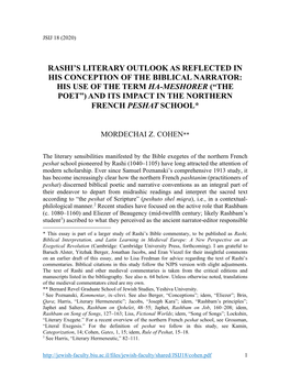 His Use of the Term Ha-Meshorer (“The Poet”) and Its Impact in the Northern French Peshat School*