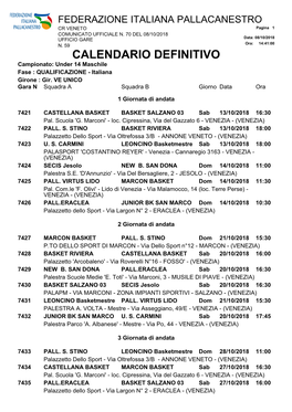 CALENDARIO DEFINITIVO Campionato: Under 14 Maschile Fase : QUALIFICAZIONE - Italiana Girone : Gir