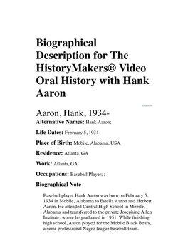 Biographical Description for the Historymakers® Video Oral History with Hank Aaron