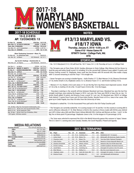 Maryland Women’S Basketball 2017-18 Schedule Notes 13-2, 2-0 B1g Ap: 13/Coaches: 13 #13/13 Maryland Vs