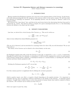 Lecture IV: Expansion History and Distance Measures in Cosmology (Dated: January 23, 2019)