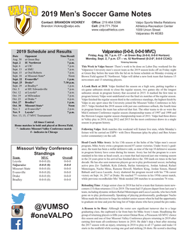 2019 Men's Soccer Game Notes @VUMSO #Onevalpo