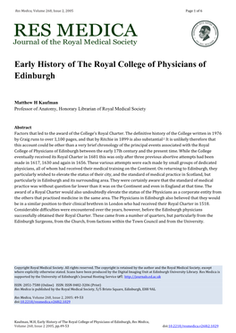 Early History of the Royal College of Physicians of Edinburgh