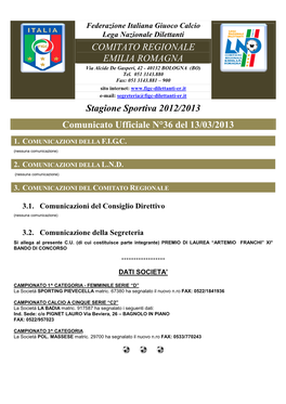 COMITATO REGIONALE EMILIA ROMAGNA Stagione Sportiva 2012