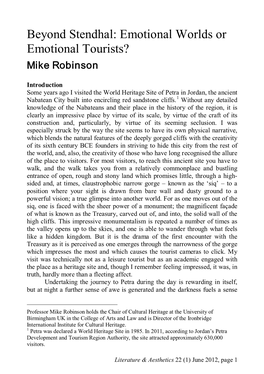 Beyond Stendhal: Emotional Worlds Or Emotional Tourists? Mike Robinson