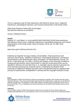 Peak Experiences with Electronic Dance Music: Subjective Experiences, Physiological Responses, and Musical Characteristics of the Break Routine