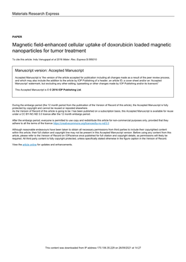 Magnetic Field-Enhanced Cellular Uptake of Doxorubicin Loaded Magnetic Nanoparticles for Tumor Treatment