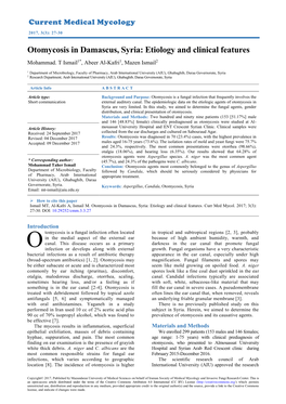 Otomycosis in Damascus, Syria: Etiology and Clinical Features Mohammad