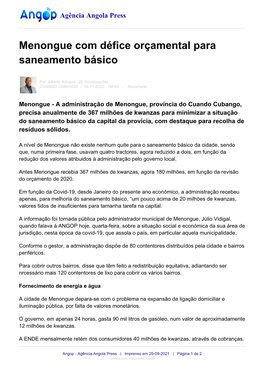 Menongue Com Défice Orçamental Para Saneamento Básico