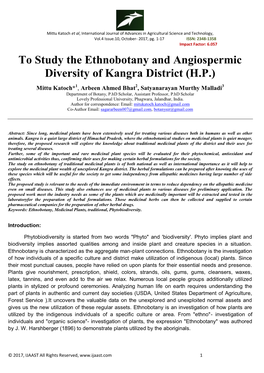 To Study the Ethnobotany and Angiospermic Diversity of Kangra District (H.P.)