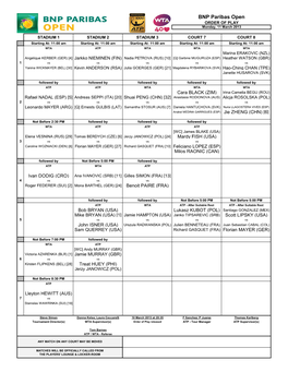 BNP Paribas Open ORDER of PLAY Monday, 11 March 2013