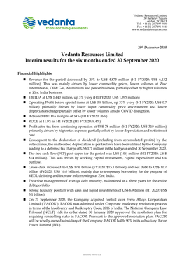 Vedanta Resources Limited Interim Results for the Six Months Ended 30 September 2020