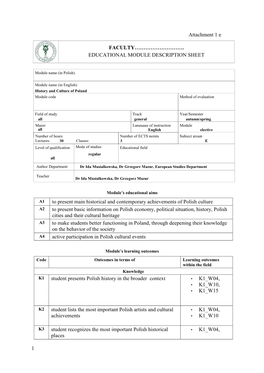 History and Culture of Poland Module Code Method of Evaluation