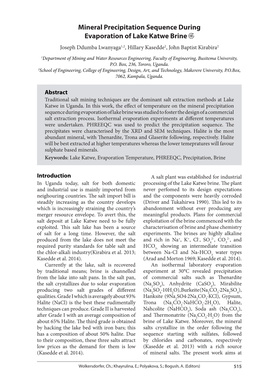 Mineral Precipitation Sequence During Evaporation of Lake Katwe Brine Joseph Ddumba Lwanyaga1,2, Hillary Kasedde2, John Baptist Kirabira2