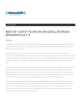 To Air on Xm Satellite Radio Beginning July 9