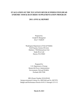 Evaluation of the Tucannon River Summer Steelhead Endemic Stock Hatchery Supplementation Program