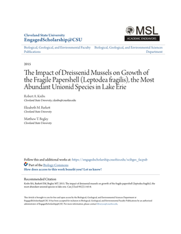 The Impact of Dreissenid Mussels on Growth of the Fragile Papershell (Leptodea Fragilis), the Most Abundant Unionid Species in Lake Erie