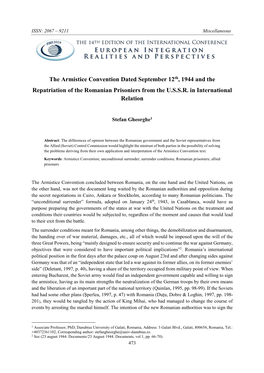 The Armistice Convention Dated September 12Th, 1944 and the Repatriation of the Romanian Prisoniers from the U.S.S.R