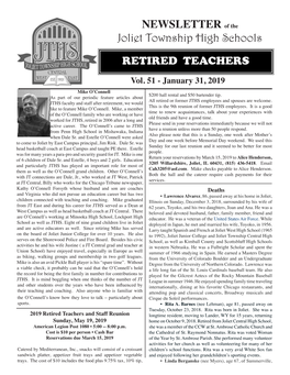 NEWSLETTER of the Joliet Township High Schools RETIRED TEACHERS