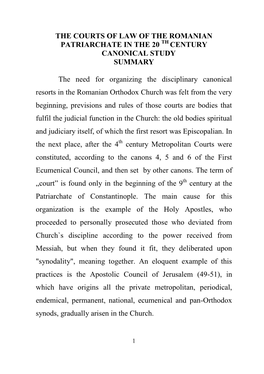 The Courts of Law of the Romanian Patriarchate in the 20 Th Century Canonical Study Summary