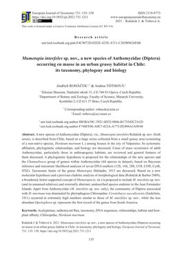 Mumetopia Interfeles Sp. Nov., a New Species of Anthomyzidae (Diptera) Occurring En Masse in an Urban Grassy Habitat in Chile: Its Taxonomy, Phylogeny and Biology