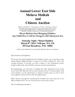 Annual Lower East Side Melava Malkah and Chinese Auction