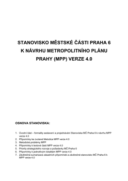 Stanovisko Městské Části Praha 6 K Návrhu Metropolitního Plánu Prahy (Mpp) Verze 4.0