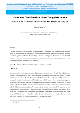 Some New Considerations About Evergetism in Asia Minor. the Hellenistic Period and the First Century BC