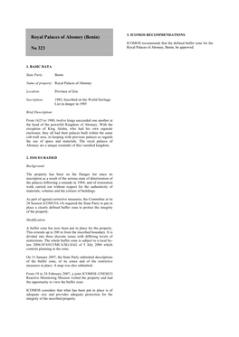 Royal Palaces of Abomey (Benin) ICOMOS Recommends That the Defined Buffer Zone for the No 323 Royal Palaces of Abomey, Benin, Be Approved