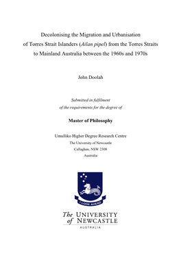 Decolonising the Migration and Urbanisation of Torres Strait Islanders (Ailan Pipel) from the Torres Straits to Mainland Australia Between the 1960S and 1970S