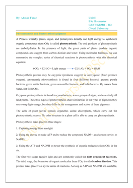 202 Glocal University Photosynthesis and Photosynthetic Pigment a Proces