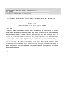 Smallholder Resettlement in Semi Arid Watersheds: a Case Study in Bulawayo’S Water Supply Dam Catchments and Implications for Environmental Management