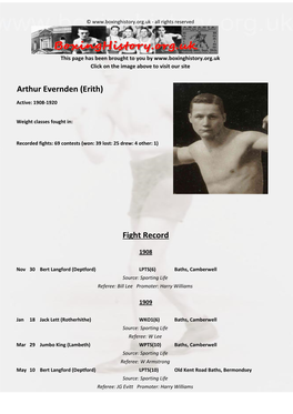 Fight Record Arthur Evernden (Erith)