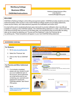 Wartburg College Business Office Cashnet Instructions (319) 352-8411 Businessoffice@Wartburg.Edu