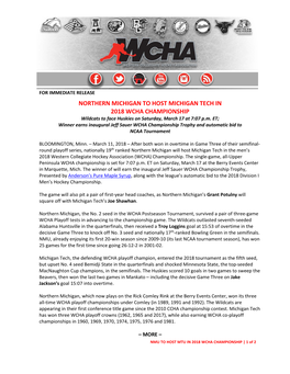 NORTHERN MICHIGAN to HOST MICHIGAN TECH in 2018 WCHA CHAMPIONSHIP Wildcats to Face Huskies on Saturday, March 17 at 7:07 P.M