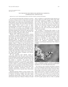 Nectar Source Records for Libytheana Carinenta (Nymphalidae: Libytheinae)