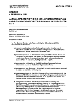 Annual Update to the School Organisation Plan and Recommendation for Provision in Worcester City