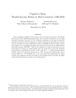 Capital Is Back: Wealth-Income Ratios in Rich Countries 1700-2010