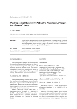 Mactra Pecchiolii Lawley, 1869 (Bivalvia Mactridae), a “Forgot - Ten Pliocenic” Taxon