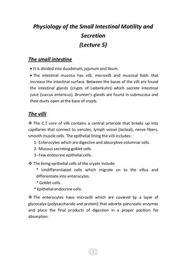 Physiology of the Small Intestinal Motility and Secretion (Lecture 5)